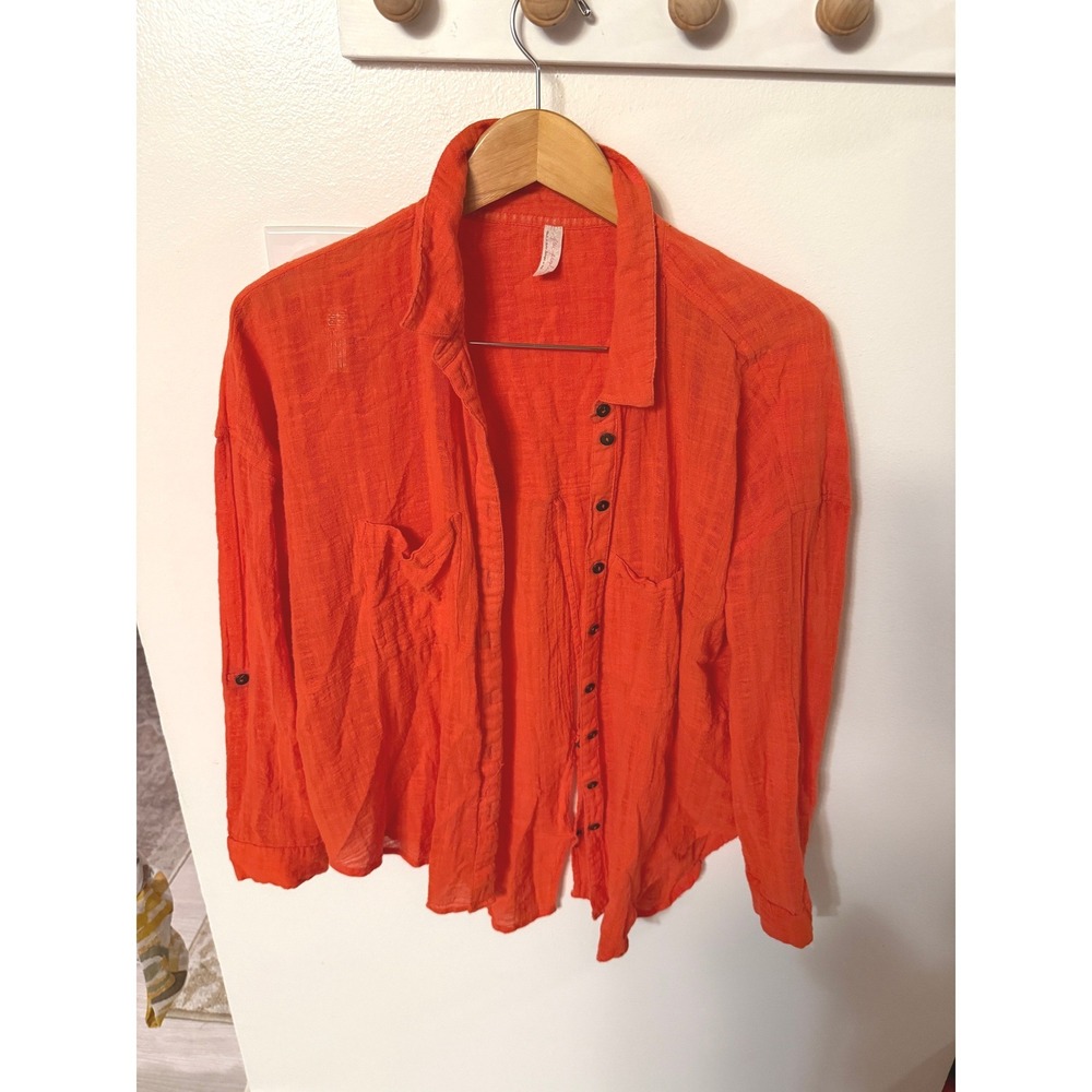 Free People open back red gauze boho fall bright layers cotton easy wear LG euc